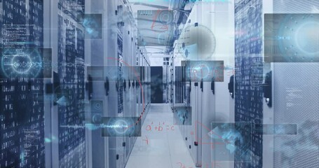Animation of mathematical equations and data processing over server room - Powered by Adobe