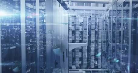 Animation of mathematical equations and data processing over server room - Powered by Adobe