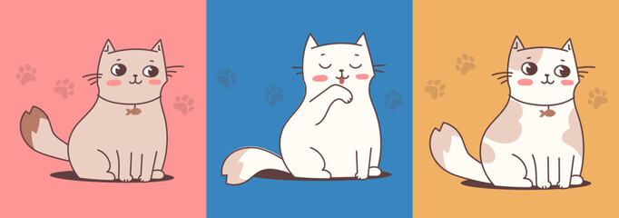 Vector illustration of happy cat character on color background. Flat line art style romantic design of sitting and cleaning cute animal cat with paw print