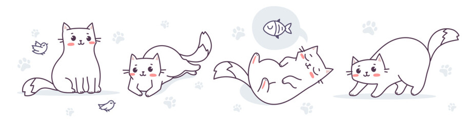 Vector set of illustration of happy cute cat character in different pose on white color background. Flat line art style design of animal cat