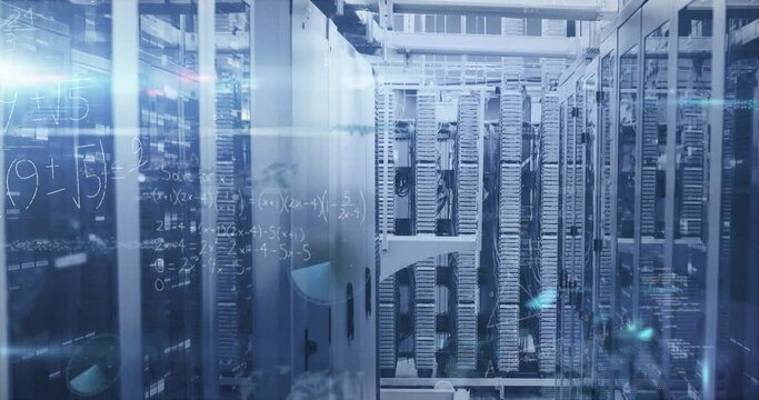 Animation of mathematical equations and data processing over server room - Powered by Adobe