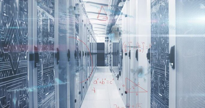 Animation of mathematical equations and data processing over server room - Powered by Adobe