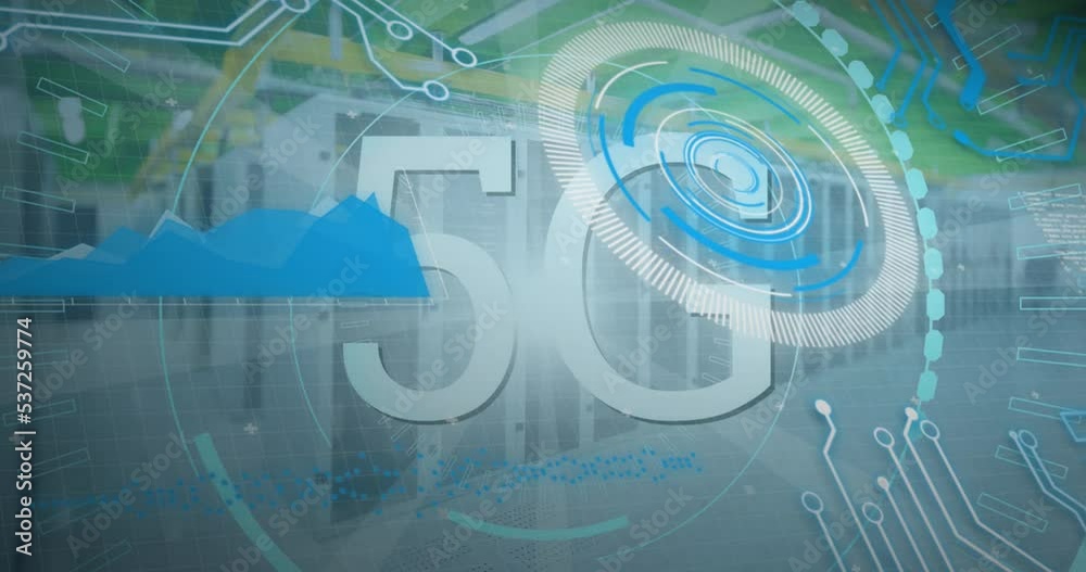 Poster animation of scope scanning with 5g text and data processing over server room