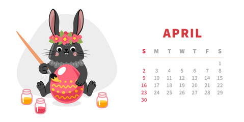 Calendar horizontal template for april 2023. Year of chinese black water rabbit. Cute cartoon bunny coloring egg. Happy easter holiday. Vector illustration.