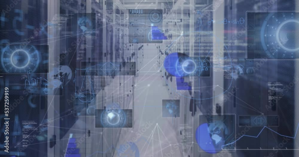 Poster animation of mathematical equations and data processing over server room