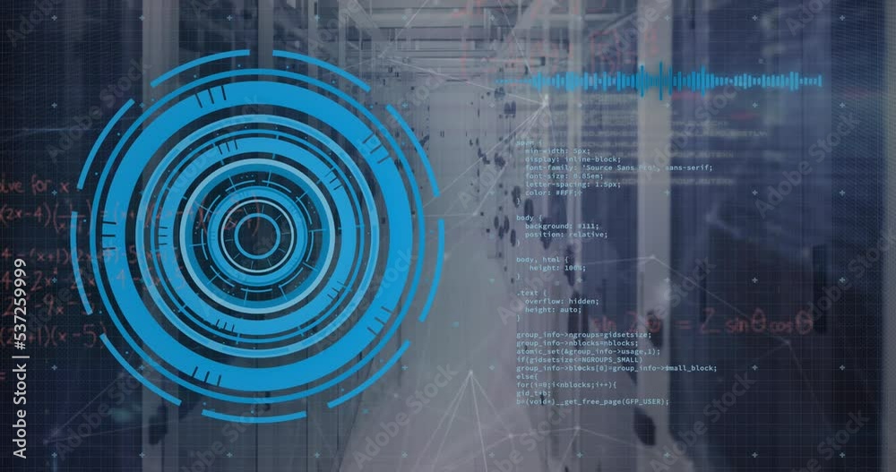 Poster animation of scope scanning with mathematical equations and data processing over server room