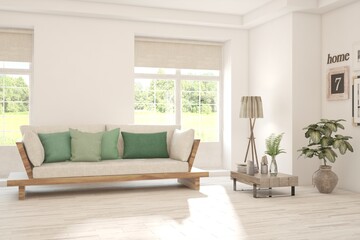 White living room with sofa and summer landscape in window. Scandinavian interior design. 3D illustration