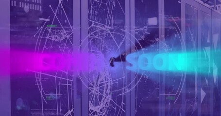Animation of coming soon text and network of connetcions with data processing over server room - Powered by Adobe
