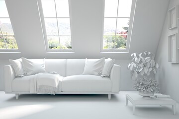 Fototapeta premium White living room with sofa. Scandinavian interior design. 3D illustration