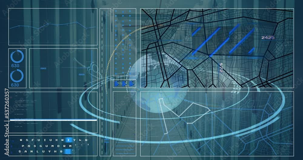 Poster animation of scope scanning with globe and data processing over server room