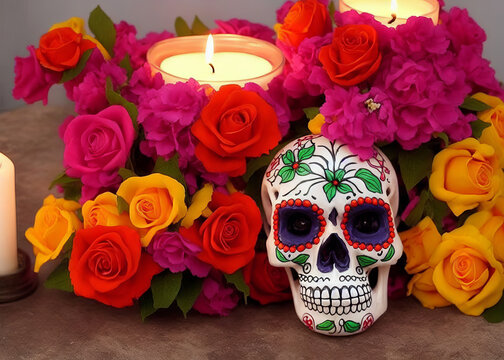 Dia De Los Muertos Mexican Day Of The Dead Table Composition With Skull,candles,flowers