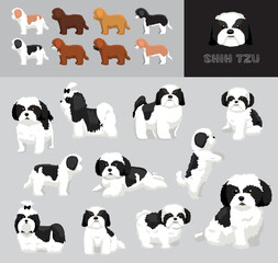 Dog Shih Tzu Black Coat Cartoon Vector Illustration Color Variation Set