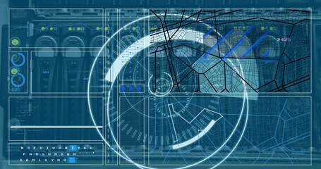 Animation of scope scanning with 5g text and data processing over server room - Powered by Adobe