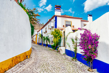 Typical street of the medieval village of Óbidos in Portugal . - obrazy, fototapety, plakaty