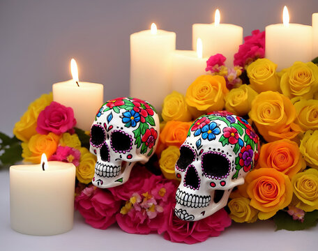 Dia De Los Muertos Mexican Day Of The Dead Table Composition With Skull,candles,flowers