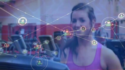 Animation of network of connections over female caucasian tennis player on the court - Powered by Adobe