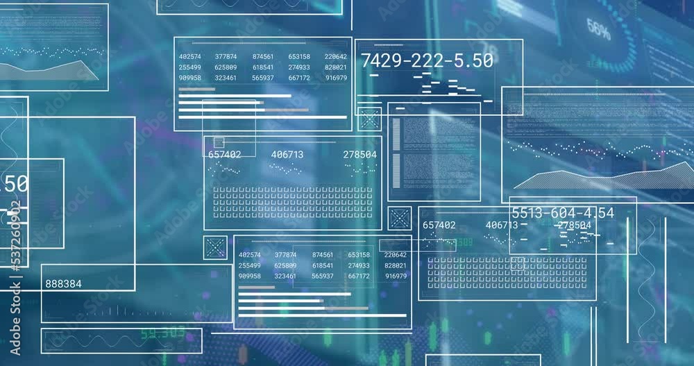 Poster animation of digital interface and data processing over blue background