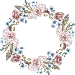 Roses and herbs wreath. Watercolor illustration