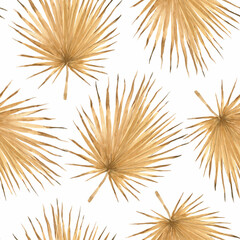 Fototapeta premium Beautiful tropical seamless pattern with watercolor hand drawn golden palm leaves. Stock illustration.