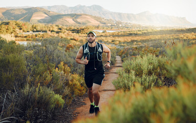 Runner, fitness or nature workout on mountains path, countryside landscape or sustainability...