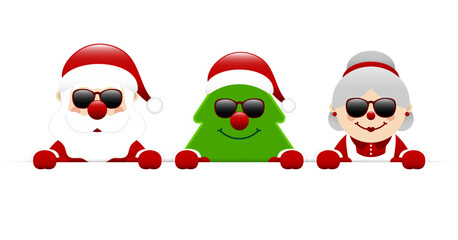 Weihnachtsmann Weihnachtsbaum Und Frau Sonnenbrille Horizontales Banner Dunkelrot