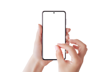 Phone mockup with woman pinch for zoom hand. Transparent, PNG isolated