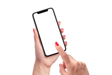 Phone mockup in woman hands. Isolated screen and background. PNG transparent