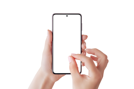 Phone mockup with woman pinch for zoom hand. Transparent, PNG isolated