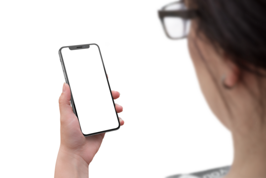 Phone mockup in woman hand. Look over shoulder. Isolated PNG transparent