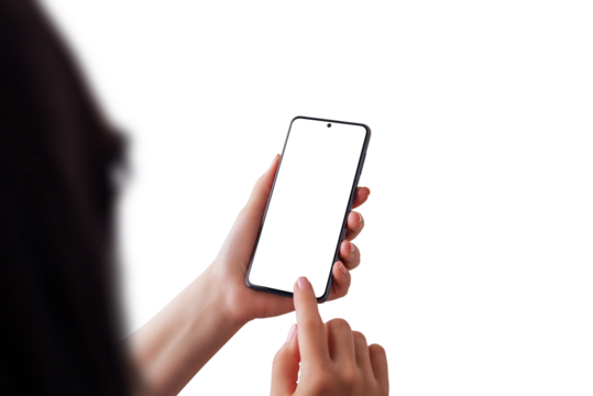 Phone in girl hands mockup. Isolated PNG transparent