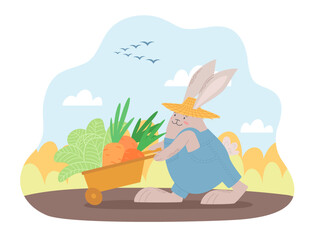 Fototapeta premium Funny rabbit gardener in a straw hat and denim jumpsuit. Cute bunny harvesting carrots and cabbage in the autumn. Vector illustration for postcards, design and decor. Year of the Rabbit.