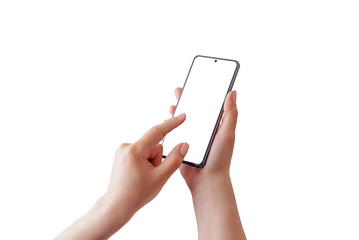 Phone mockup in woman hands isolated PNG transparent. Finger touch isolated screen concept