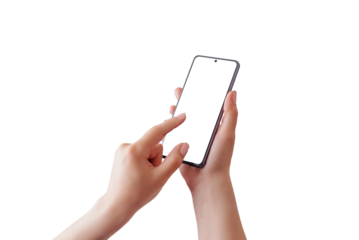 Phone mockup in woman hands isolated PNG transparent. Finger touch isolated screen concept