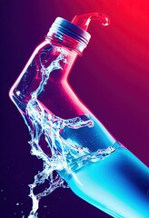 Broken bottle with water splash in neon colors. 3d render. Digital illustration.