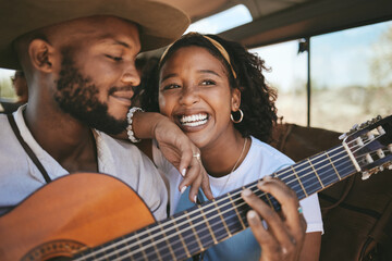 Guitar, music and black couple on a car road trip together on a travel, summer and fun adventure....