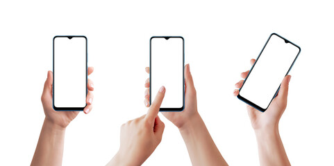 Obraz na płótnie Canvas Phone mockup in different woman hands isolated PNG transparent