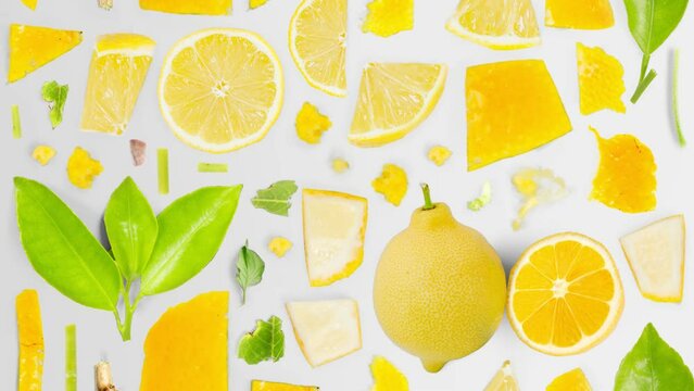 Lemon fruit pieces, slices and leaves being moved upwards isolated on white. Top view. Seamless looping. High quality 4k video.