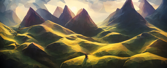 Artistic concept painting of a low poly landscape , background 3d illustration.