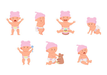 Set with baby girl wearing pink hat. 