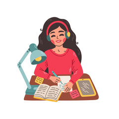 Fototapeta premium Young girl sitting at a table and writing in notebook. Flat illustration of e learning and tutorial concept.