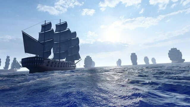 A fleet of ships sailing through the wind and waves