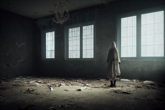 A ghostly evil spirit is standing in an abandoned room. Digital illustration