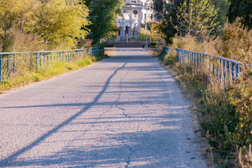 The asphalt pavement on the small bridge in the city