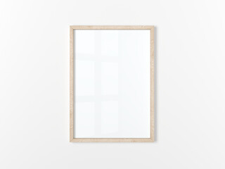 Blank frame. Poster mockup. Vertical wooden frame hanging on a white wall. Isolated. 3d illustration.