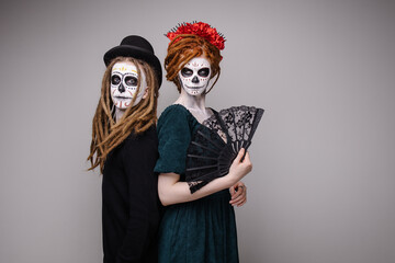 Couple costume for husband and wife mexican day of the dead. Scary skull makeup for halloween....