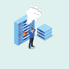 Servicing Server Racks with Burning Fire isometric 3d vector illustration concept for banner, website, illustration, landing page, flyer, etc.