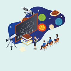 Pupils at astronomy class in planetarium isometric 3d vector illustration concept for banner, website, illustration, landing page, flyer, etc. - obrazy, fototapety, plakaty