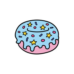 Doodle style cartoon pink donut with blue glaze isolated. on white background. Cute bright colorful sweet sugar dessert. Yummy donut hand drawn vector illustration.