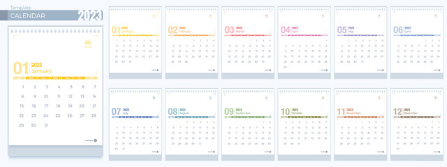 Calendar 2023 templates. 12 months, Simple monthly vertical calendar corporate design Layout in English. Week starts from Sunday. 3D vector isolated illustration design Cartoon pastel Minimal style.