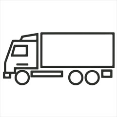 Pictogram of truck. Icon of transportation. Shipping transport illustration. Vehicle logistic commercial business. Black outline vector isolates logo on white background. Car symbol. Cargo automobile